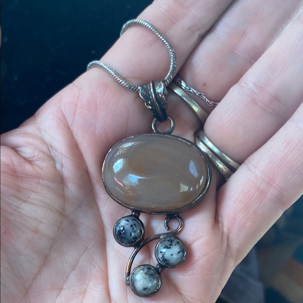 Silver and Gray Asymmetrical Necklace with Stone Pendant